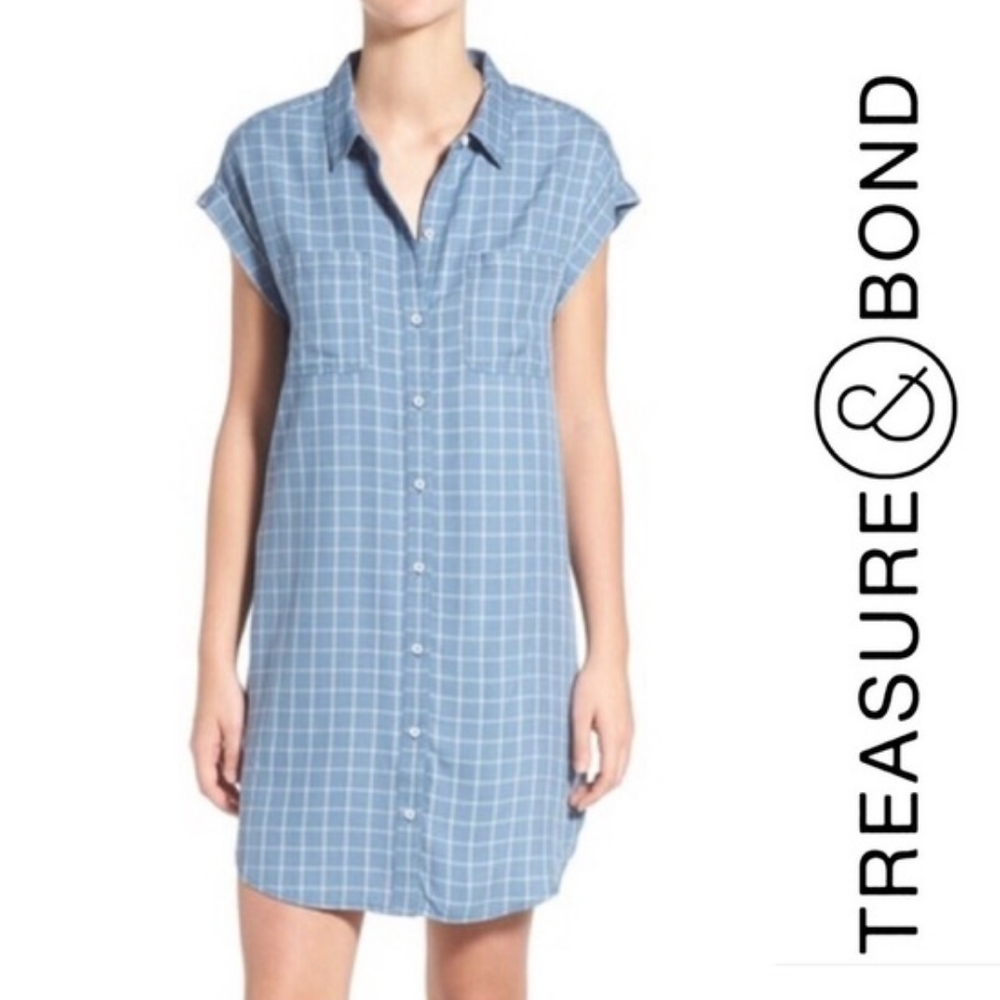 Treasure & Bond Blue Plaid Boyfriend Shirt Dress